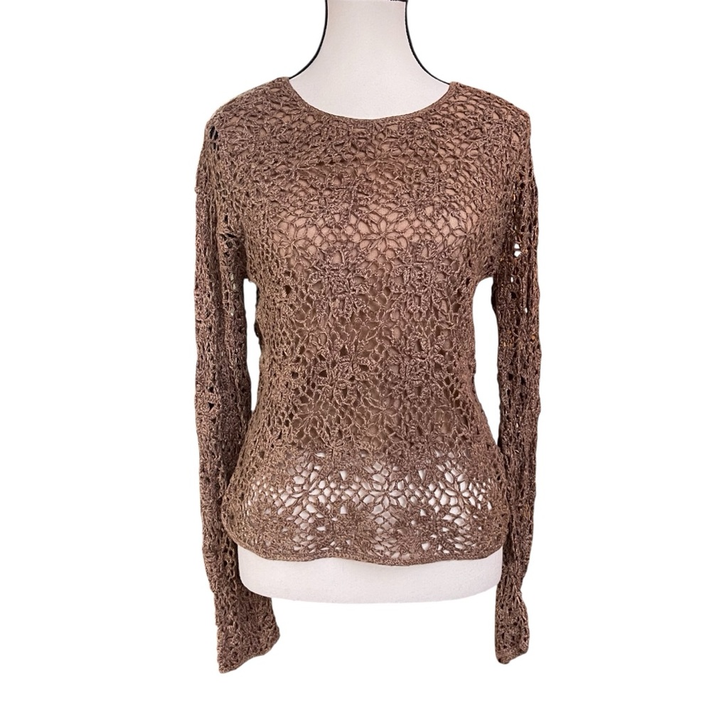 NORTON McNAUGHTON Sweater Open Cable Knit Crochet Overlay Blouse Gold Relaxed S